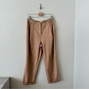 Topshop-plaid Cream & White High Rise Rolled Hem Trouser (Size:8)
